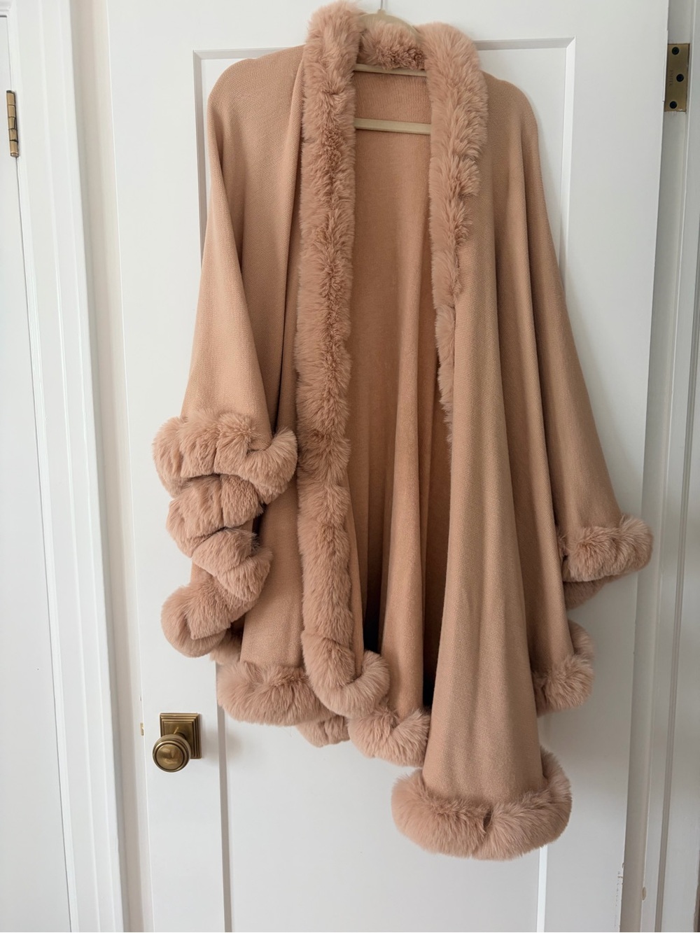 Plush Faux-Fur Trim Cape Wrap - Blush